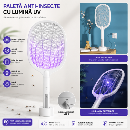 Paleta Magică™ – Paletă Electrică Anti-Țânțari 2 în 1 cu Lumină UV