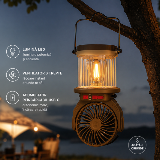 CampLight Pro™ – Lanternă LED cu Ventilator și Panou Solar