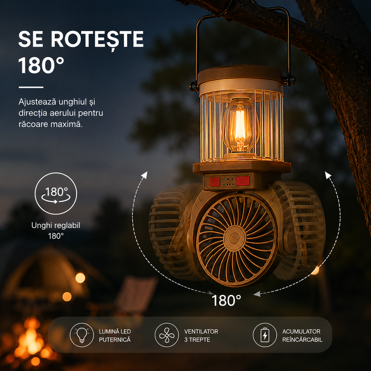 CampLight Pro™ – Lanternă LED cu Ventilator și Panou Solar