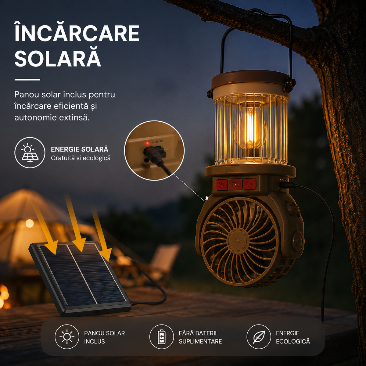 CampLight Pro™ – Lanternă LED cu Ventilator și Panou Solar